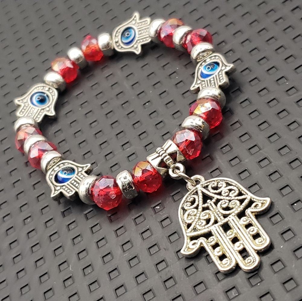 Hamsa Hand Evil Eye Beaded Stretch Bracelet Red Blue Silver - Picture 6 of 8
